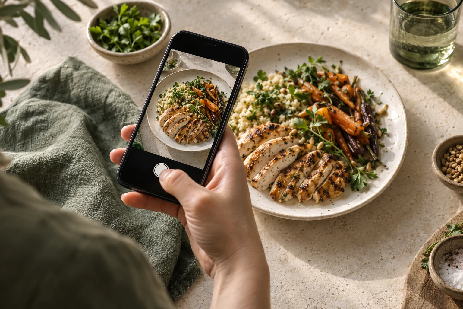 A phone photographing a plate of food