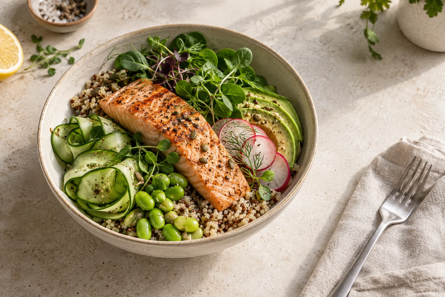 Fresh salmon, quinoa and vegetable lunch